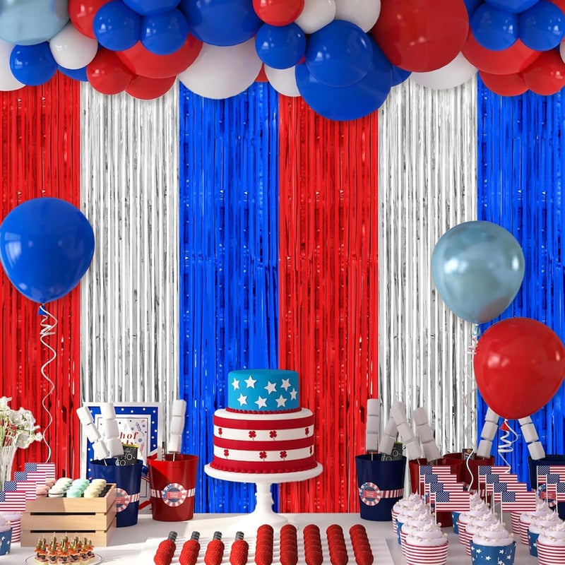 PatiCool Thicken Red White and Blue Decorations Streamers, 2 Pack 3.2 X 8.2 FT Tinsel Backdrop Curtains, Foil Fringe Backdrop for Birthday, 4th of July, Veterans Day, USA Patriotic Party Decorations - Image 4