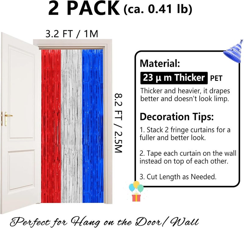 PatiCool Thicken Red White and Blue Decorations Streamers, 2 Pack 3.2 X 8.2 FT Tinsel Backdrop Curtains, Foil Fringe Backdrop for Birthday, 4th of July, Veterans Day, USA Patriotic Party Decorations - Image 2