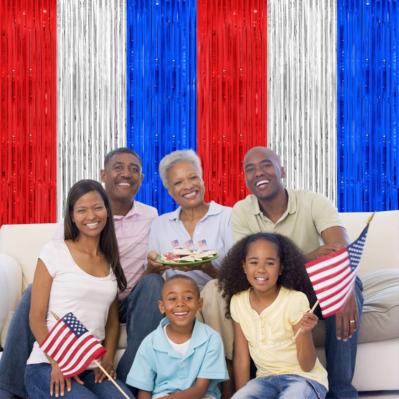 PatiCool Thicken Red White and Blue Decorations Streamers, 2 Pack 3.2 X 8.2 FT Tinsel Backdrop Curtains, Foil Fringe Backdrop for Birthday, 4th of July, Veterans Day, USA Patriotic Party Decorations - Image 5
