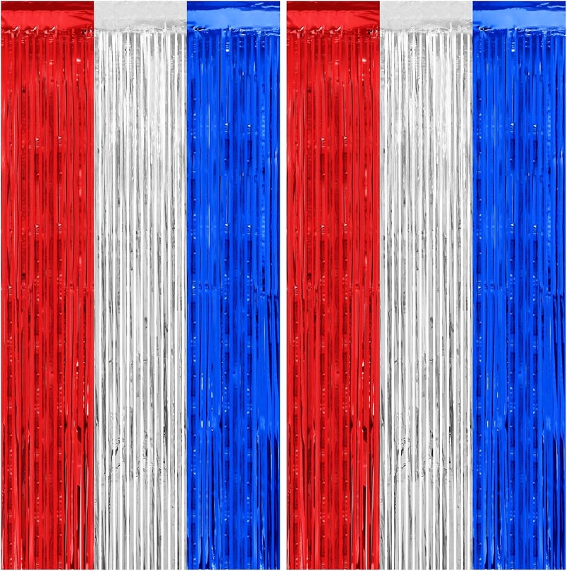 PatiCool Thicken Red White and Blue Decorations Streamers, 2 Pack 3.2 X 8.2 FT Tinsel Backdrop Curtains, Foil Fringe Backdrop for Birthday, 4th of July, Veterans Day, USA Patriotic Party Decorations - Image 1
