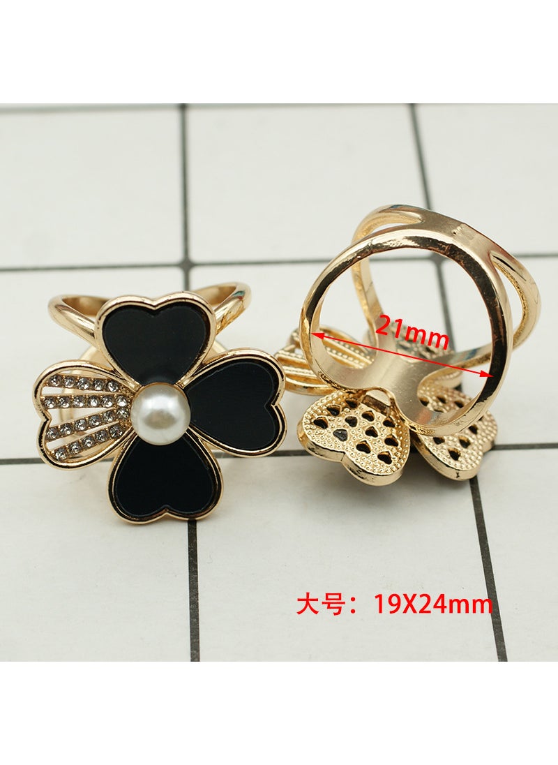 Generic - Versatile Silk Scarf Accessory Pearl Four-leaf Clover Design High-end Overcoat Belt Fixed Buckle Ring 0007 Advanced Black (Large) - Image 1