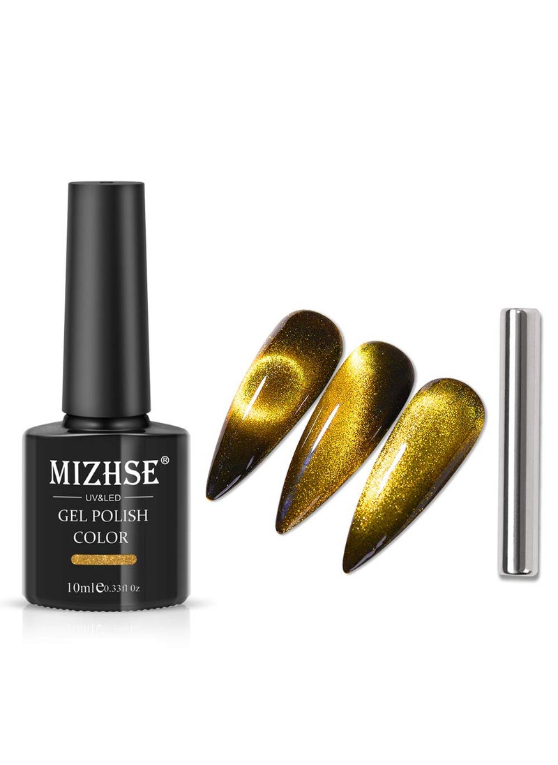 MIZHSE MIZHSE Universal Gold Cat Eye Gel Nail Polish, 9D Wide Magnetic Gel Polish with Magnet Stick, 10 ml Galaxy Effect Bright Glitter Shimmer Cateye Nail Gel Soak Off Nail Art Manicure DIY at Home 