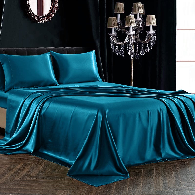 SiinvdaBZX 4Pcs Satin Sheet Set Full Size Ultra Silky Soft Teal Satin Full Bed Sheets with Deep Pocket 1 Fitted Sheet 1 Flat Sheet 2 Envelope Closure Pillowcases