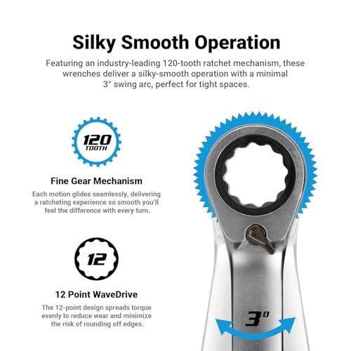 Capri Tools 120Tooth UltraSmooth Reversible Ratcheting Wrenches Set XL Long Series 12Point 516 to 34 in SAE 8Piece with Mechanics Tray - Image 3