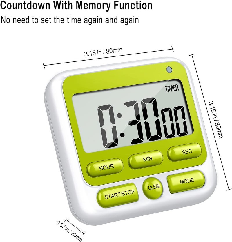 DHVSAM Digital Kitchen Timer with 24 Hour Clock & Alarm, Memory Function Count Up & Count Down for Kids Teachers Cooking, Large LCD Display, Strong Magnet (Green) - Image 3