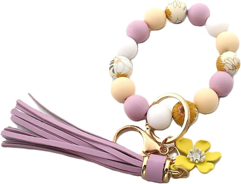 Boethesi Sunflower Silicone Beaded Keychain Wristlet Women,Wrists Bangel Key Chain Bracelet Leather Tassel,Beaded Wristlet - Image 1