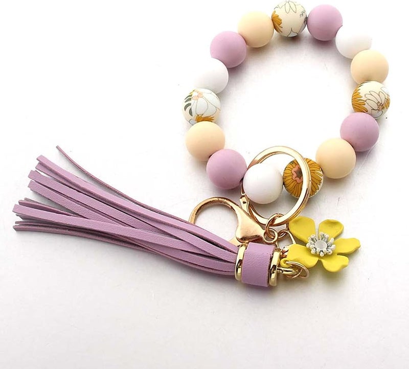 Boethesi Sunflower Silicone Beaded Keychain Wristlet Women,Wrists Bangel Key Chain Bracelet Leather Tassel,Beaded Wristlet - Image 2