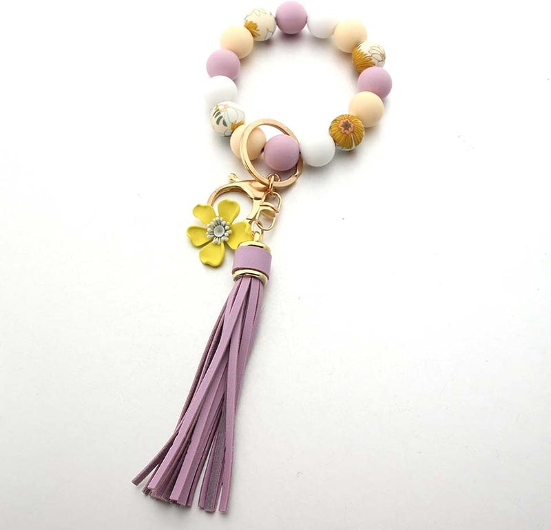 Boethesi Sunflower Silicone Beaded Keychain Wristlet Women,Wrists Bangel Key Chain Bracelet Leather Tassel,Beaded Wristlet - Image 3