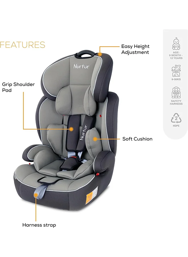 Nurtur All-in-one Ragnar Convertible Car Seat, ultra-slim design with Rear-Facing, Forward-Facing, and Belt-Positioning Booster (Group 1/2/3), Upto 36kg - Grey Multi