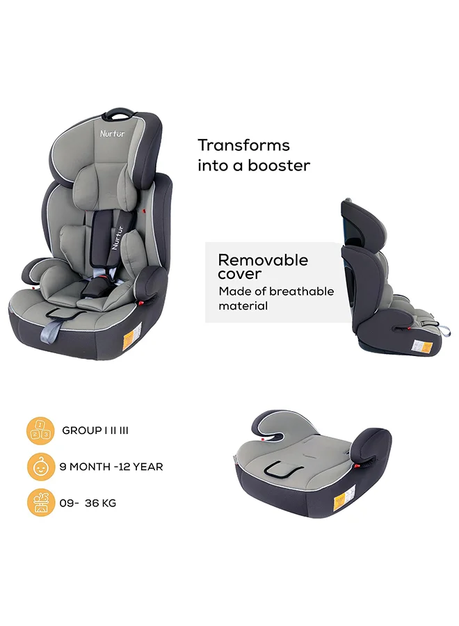 Nurtur All-in-one Ragnar Convertible Car Seat, ultra-slim design with Rear-Facing, Forward-Facing, and Belt-Positioning Booster (Group 1/2/3), Upto 36kg - Grey Multi