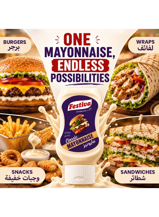 Festiva Classic Mayonnaise 35% Fat 315ml Squeezy Bottle - Creamy Mayo Sandwich Spread for Burgers, Sandwiches, Wraps and Snacks - Dip and Dressing - Image 3