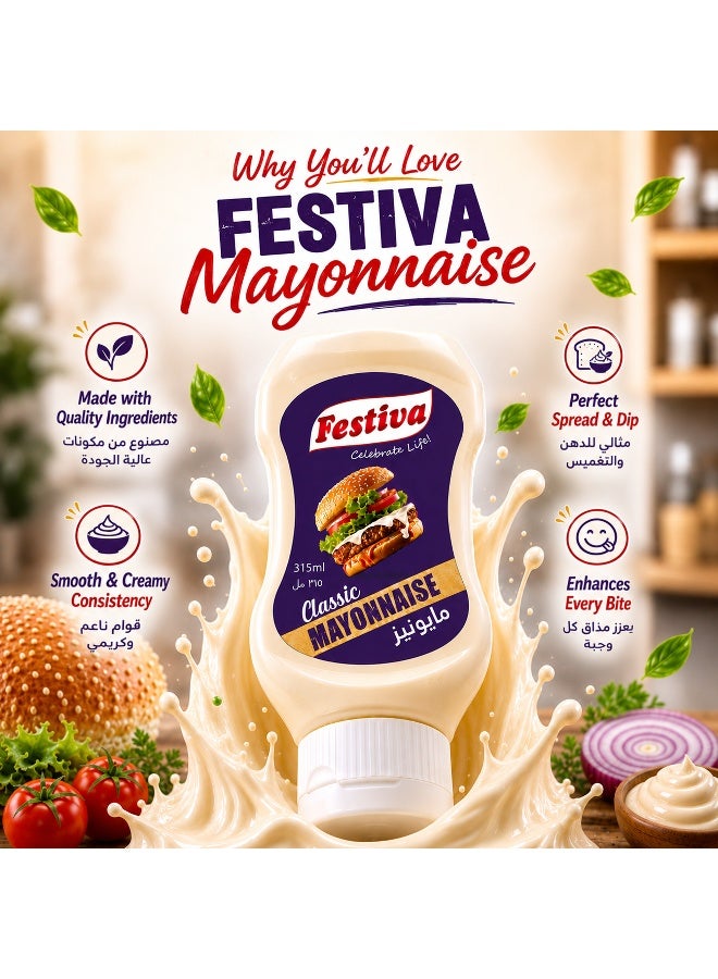 Festiva Classic Mayonnaise 35% Fat 315ml Squeezy Bottle - Creamy Mayo Sandwich Spread for Burgers, Sandwiches, Wraps and Snacks - Dip and Dressing - Image 4