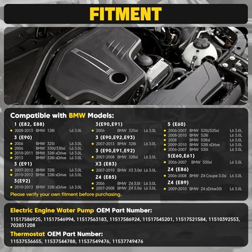 YEHERIT 11517563183 Electric Engine Water Pump with 11537549476 Thermostat Compatible with BMW E60 E61 E83 E85 E86 E90 E91 E92 E93 E89, 128i 325i 328i 330i 525i 530i X3 Z4, N52 Engine Replace # 11517586925 - Image 2