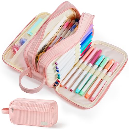 Sooez High Capacity Pencil Case, Soft Corduroy Pencil Pouch with 4 Compartments, Multiple Pockets, Large Pencil Bag with Sturdy Zipper, Cute Pencil Case Pouch Organizer for Student Teen Girls, Pink - Image 1