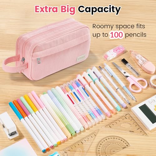Sooez High Capacity Pencil Case, Soft Corduroy Pencil Pouch with 4 Compartments, Multiple Pockets, Large Pencil Bag with Sturdy Zipper, Cute Pencil Case Pouch Organizer for Student Teen Girls, Pink - Image 2