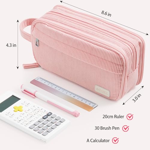 Sooez High Capacity Pencil Case, Soft Corduroy Pencil Pouch with 4 Compartments, Multiple Pockets, Large Pencil Bag with Sturdy Zipper, Cute Pencil Case Pouch Organizer for Student Teen Girls, Pink - Image 5