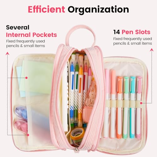 Sooez High Capacity Pencil Case, Soft Corduroy Pencil Pouch with 4 Compartments, Multiple Pockets, Large Pencil Bag with Sturdy Zipper, Cute Pencil Case Pouch Organizer for Student Teen Girls, Pink - Image 4