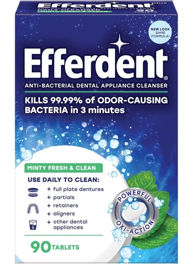 Efferdent Retainer Cleaning Tablets, Denture Cleanser Tablets for Dental Appliances, Fresh & Clean, Minty Fresh, 90 Tablets - Image 1