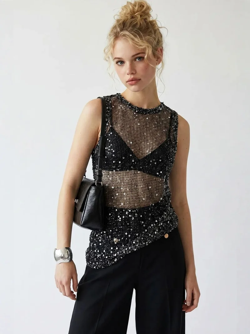 MixRay MIXRAY Sequin Sleeveless Crew Neck Blouse