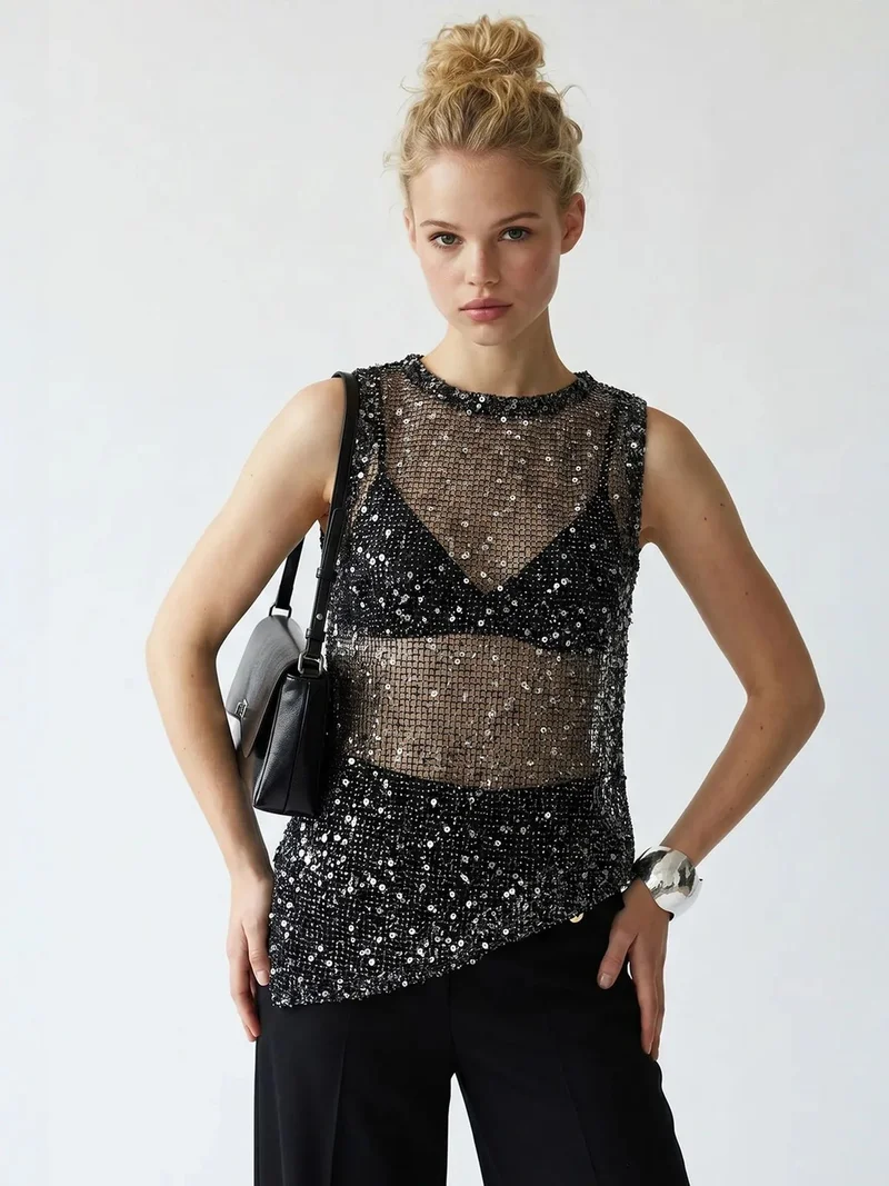 MixRay MIXRAY Sequin Sleeveless Crew Neck Blouse