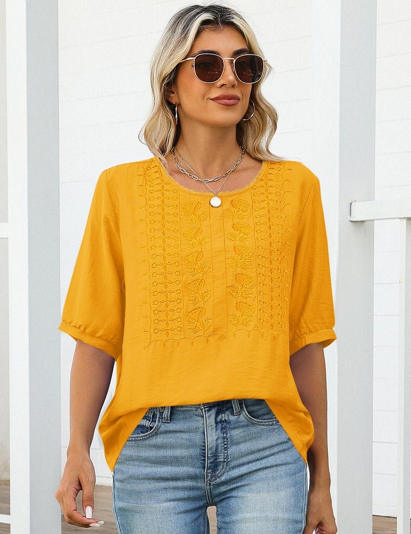 Kistore Womens Peasant Tops Short Sleeve Embroidered Blouses Dressy Casual Spring Crew Neck Work Shirts Yellow XL - Image 5