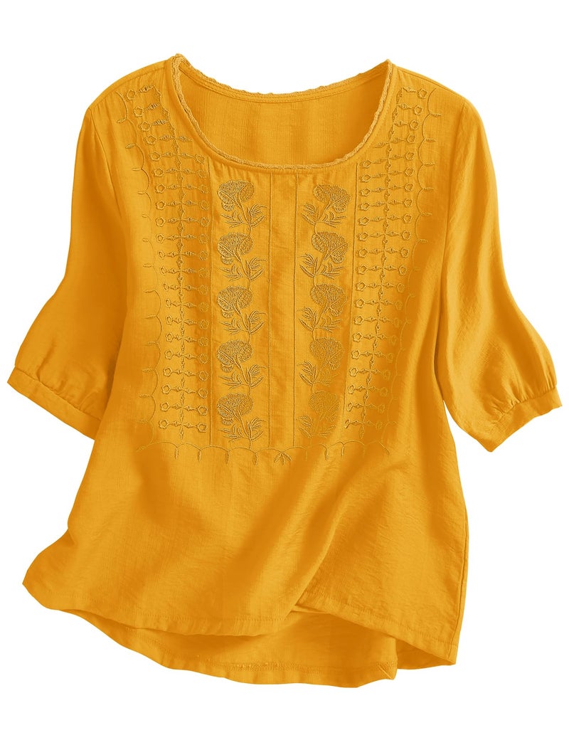 Kistore Womens Peasant Tops Short Sleeve Embroidered Blouses Dressy Casual Spring Crew Neck Work Shirts Yellow XL - Image 1