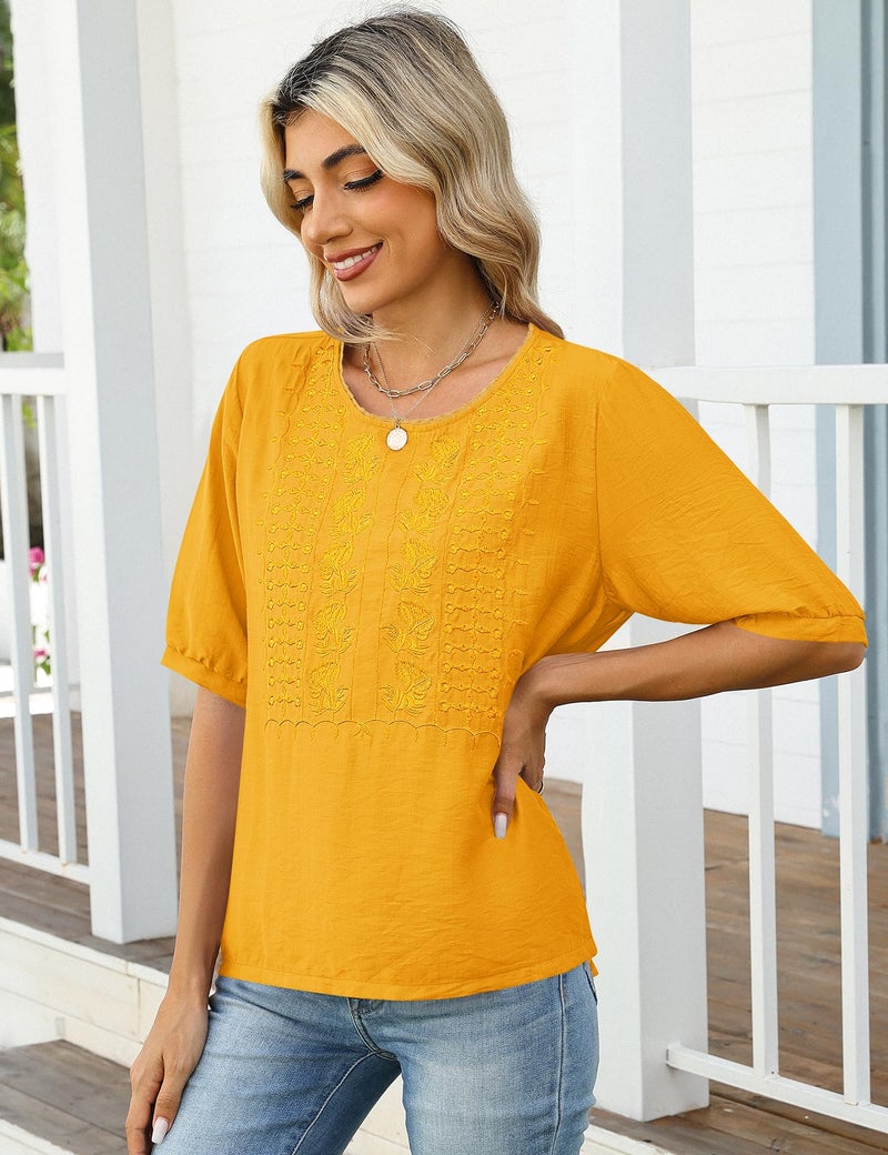 Kistore Womens Peasant Tops Short Sleeve Embroidered Blouses Dressy Casual Spring Crew Neck Work Shirts Yellow XL - Image 4