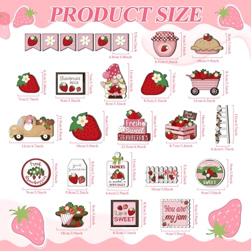 Yuntau 26 Pcs Summer Tiered Tray Decor Sets Farmhouse Summer Gnome Watermelon Strawberry Wood Sign Spring Hawaii Tiered Tray Decorations for Tabletop Home Shelf Kitchen Office(Strawberry) - Image 3