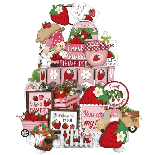 Yuntau 26 Pcs Summer Tiered Tray Decor Sets Farmhouse Summer Gnome Watermelon Strawberry Wood Sign Spring Hawaii Tiered Tray Decorations for Tabletop Home Shelf Kitchen Office(Strawberry) - Image 1