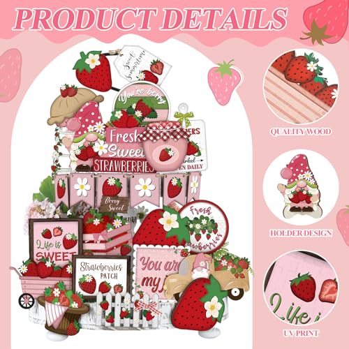 Yuntau 26 Pcs Summer Tiered Tray Decor Sets Farmhouse Summer Gnome Watermelon Strawberry Wood Sign Spring Hawaii Tiered Tray Decorations for Tabletop Home Shelf Kitchen Office(Strawberry) - Image 4