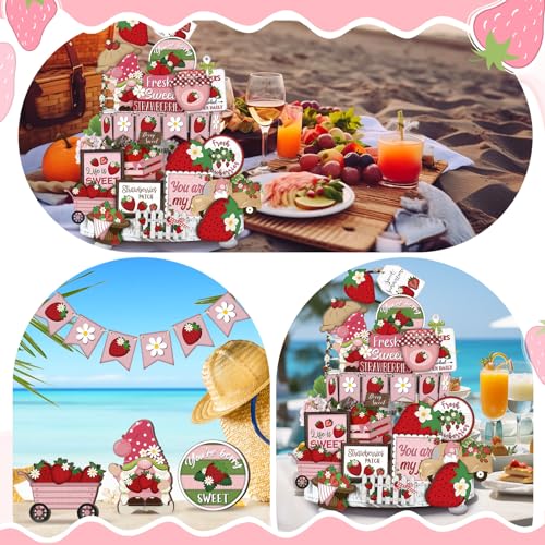 Yuntau 26 Pcs Summer Tiered Tray Decor Sets Farmhouse Summer Gnome Watermelon Strawberry Wood Sign Spring Hawaii Tiered Tray Decorations for Tabletop Home Shelf Kitchen Office(Strawberry) - Image 5