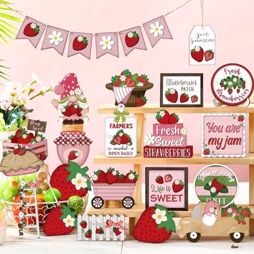 Yuntau 26 Pcs Summer Tiered Tray Decor Sets Farmhouse Summer Gnome Watermelon Strawberry Wood Sign Spring Hawaii Tiered Tray Decorations for Tabletop Home Shelf Kitchen Office(Strawberry) - Image 2