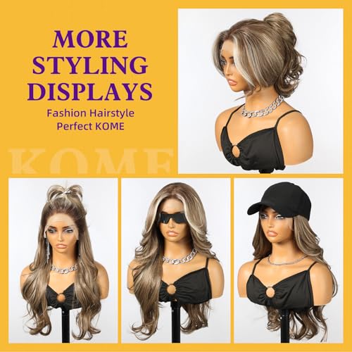 KOME Ash Brown Highlight Synthetic Lace Front Wig13x4 HD Lace Layered Wave Glueless Wigs for Women Daily Use 26IN - Image 3