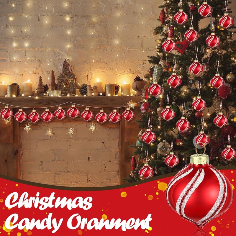Woanger 24 Pcs Christmas Peppermint Ornaments 177 Hanging Glass Candy Cane Ornaments Peppermint Candy Balls Red and White Striped Decorations for Christmas Tree Gift Outdoor Indoor - Image 3