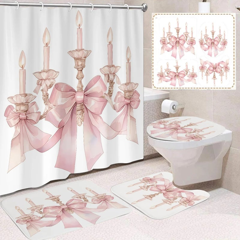 Y&D 4 Pcs Happy Valentine's Day Shower Curtain Set with Non Slip Rugs Toilet Lid Cover Bath Mat U Shaped Mat Bathroom Curtain - Image 1