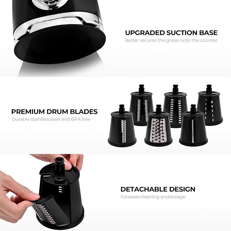 susteas Rotary Cheese Grater with Handle,Vegetable Slicer with 6 Interchangeable Blades, Reinforced Suction,Easy to Clean,Kitchen Shredder for Crushed Ice,Fruits and Nuts with Blade Storage Case,Black - Image 5
