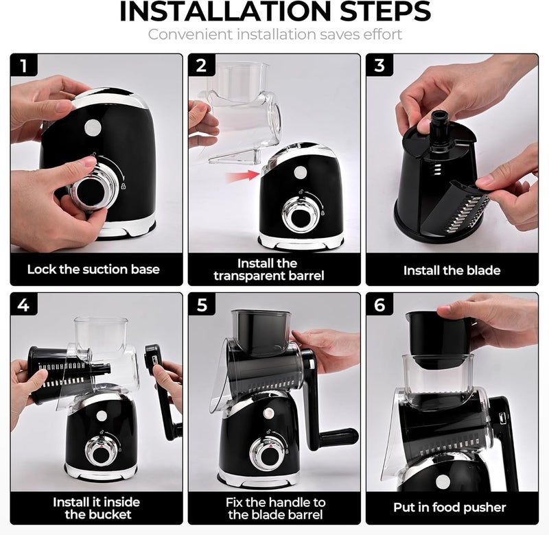 susteas Rotary Cheese Grater with Handle,Vegetable Slicer with 6 Interchangeable Blades, Reinforced Suction,Easy to Clean,Kitchen Shredder for Crushed Ice,Fruits and Nuts with Blade Storage Case,Black - Image 3