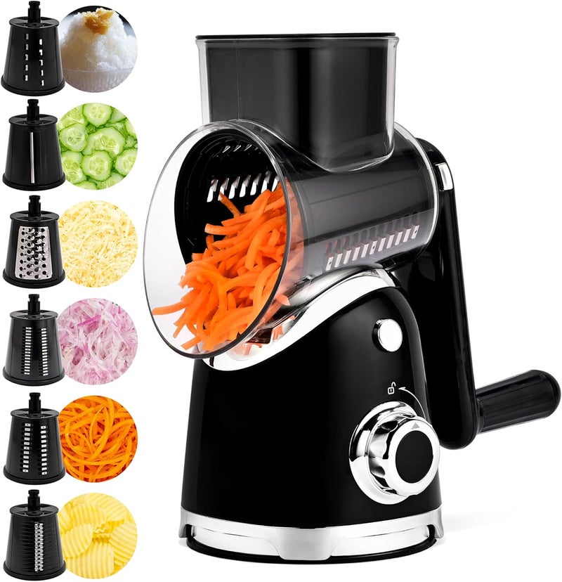 susteas Rotary Cheese Grater with Handle,Vegetable Slicer with 6 Interchangeable Blades, Reinforced Suction,Easy to Clean,Kitchen Shredder for Crushed Ice,Fruits and Nuts with Blade Storage Case,Black - Image 1