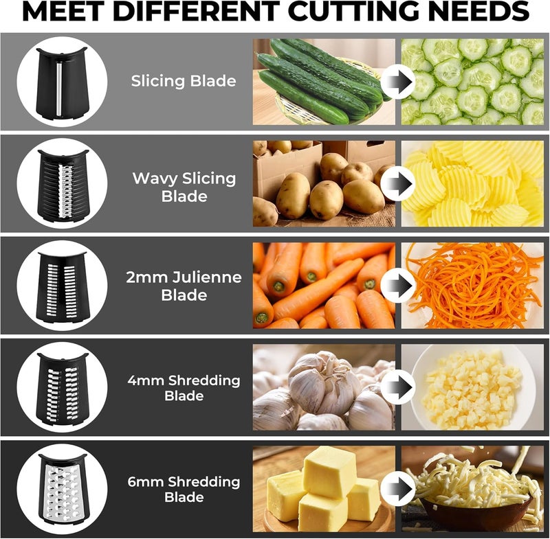 susteas Rotary Cheese Grater with Handle,Vegetable Slicer with 6 Interchangeable Blades, Reinforced Suction,Easy to Clean,Kitchen Shredder for Crushed Ice,Fruits and Nuts with Blade Storage Case,Black - Image 2