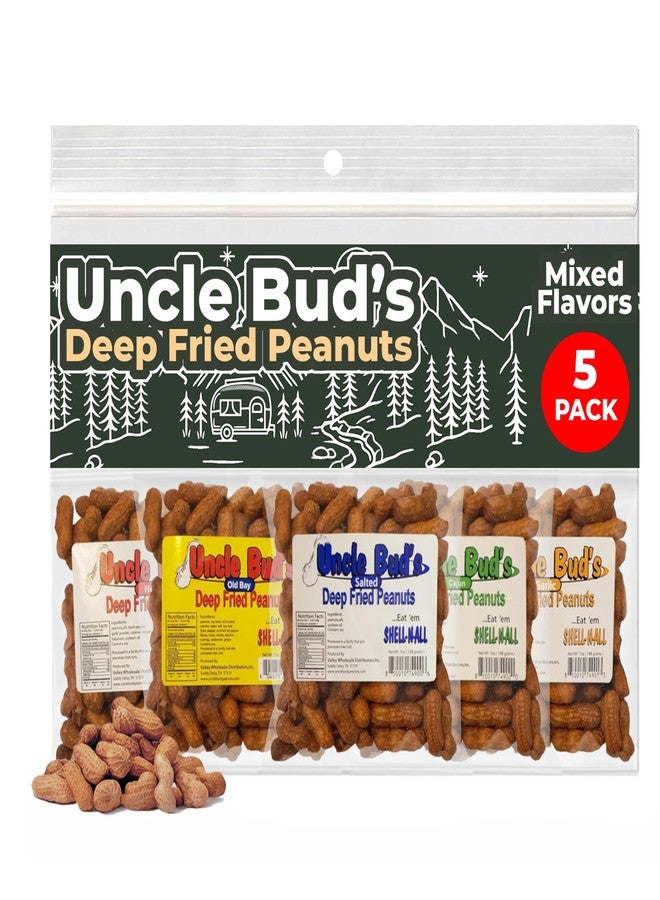 Jerky-n-Spice Uncle Bud's Deep Fried Peanuts In Shell (5 Pack), Peanuts Individual Packs: Salted, Cajun, Garlic, Hot, Old Bay, Bacon BBQ, Crunchy Flavored Peanut Variety Pack, Spicy Peanuts, Hot Peanuts In Shell - Image 1