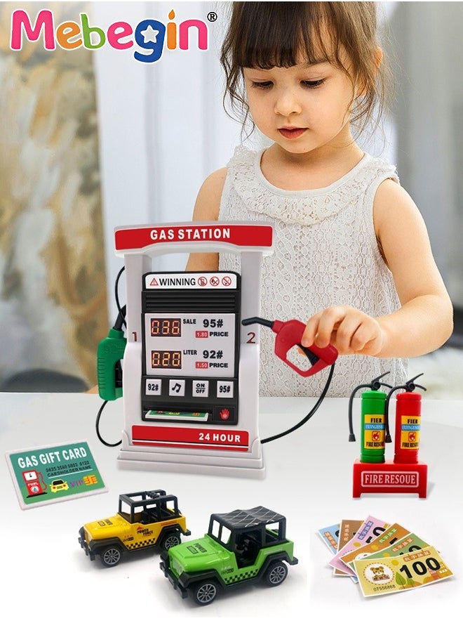 MEBEGIN Gas Station Set with 2 Cars and Multi Accessaries, Petrol Station Learning Toy with Sounds and Lights, Funny Play House Toys, Early Education Toys, Ideal Gift for Kids, 3 AA Batteries Required(Not Included), 16*5*18cm  - Image 1
