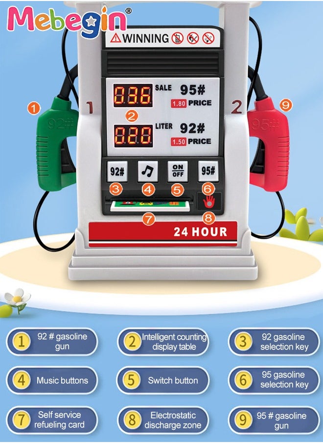 MEBEGIN - Gas Station Set with 2 Cars and Multi Accessaries, Petrol Station Learning Toy with Sounds and Lights, Funny Play House Toys, Early Education Toys, Ideal Gift for Kids, 3 AA Batteries Required(Not Included), 16*5*18cm - Image 1
