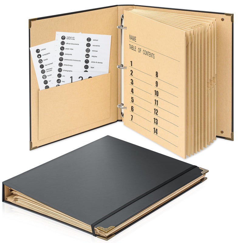 Marspark 3 Rings Folio Important Document Organizer with Labels Family Document Organizer Binder Expanding File Folder for Important Papers Letters Birth Certificates Photos Passports Black