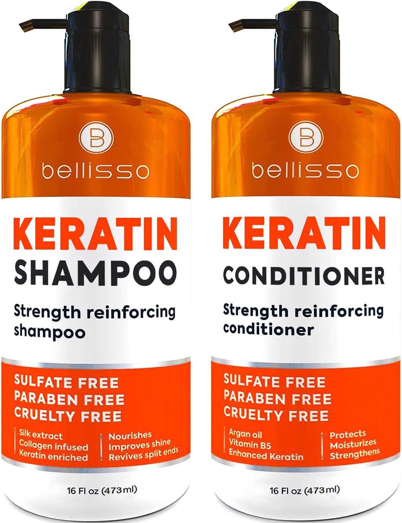 BELLISSO Keratin Shampoo and Conditioner Set - Sulfate Free and Paraben Free - Salon Thickening Treatment for Dry, Damaged, Curly, Frizzy, Straight or Color Treated Hair - Anti Frizz Formula for Women and Men - Image 1