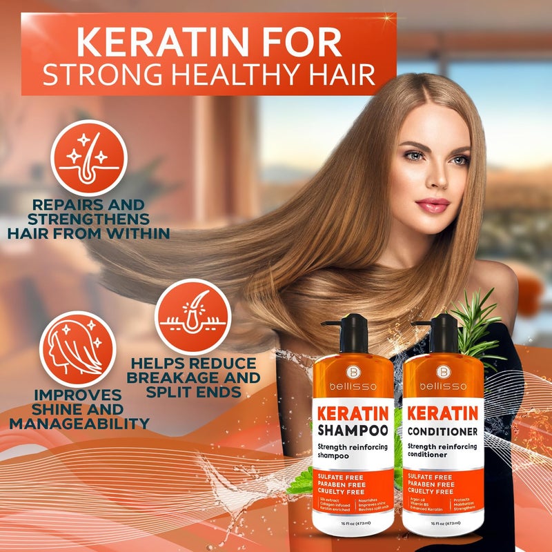 BELLISSO Keratin Shampoo and Conditioner Set - Sulfate Free and Paraben Free - Salon Thickening Treatment for Dry, Damaged, Curly, Frizzy, Straight or Color Treated Hair - Anti Frizz Formula for Women and Men - Image 2