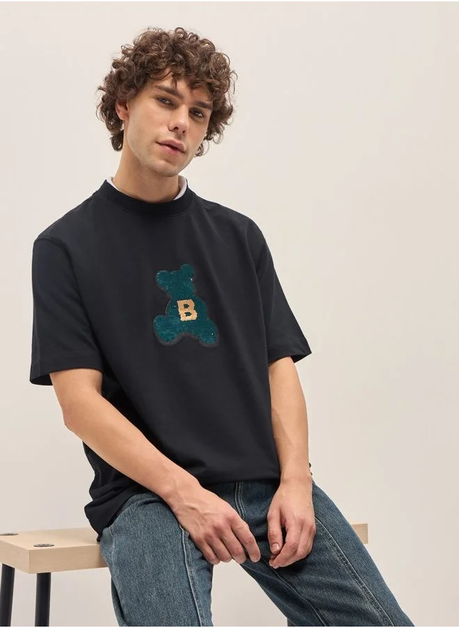 THE BEAR HOUSE Men's Black Oversize playful sequin teddy Crew Neck T-shirt Perfect For Casual Wear, Gym, Travel, Or Layering Stylish And Versatile Essential For Every Wardrobe