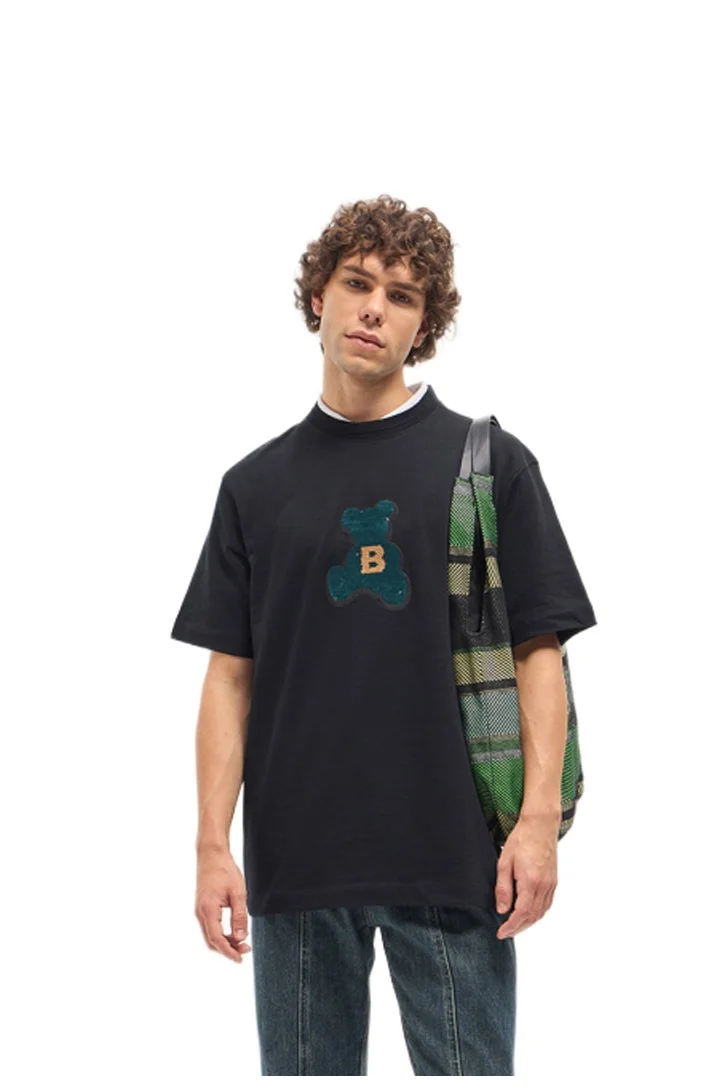 THE BEAR HOUSE Men's Black Oversize playful sequin teddy Crew Neck T-shirt Perfect For Casual Wear, Gym, Travel, Or Layering Stylish And Versatile Essential For Every Wardrobe