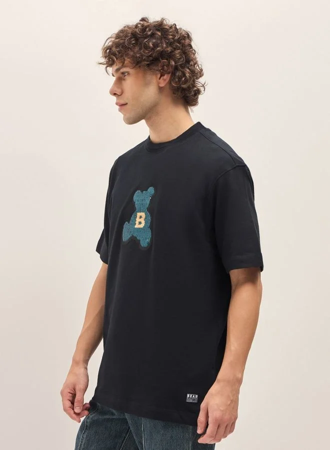 THE BEAR HOUSE Men's Black Oversize playful sequin teddy Crew Neck T-shirt Perfect For Casual Wear, Gym, Travel, Or Layering Stylish And Versatile Essential For Every Wardrobe