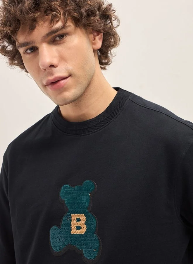THE BEAR HOUSE Men's Black Oversize playful sequin teddy Crew Neck T-shirt Perfect For Casual Wear, Gym, Travel, Or Layering Stylish And Versatile Essential For Every Wardrobe