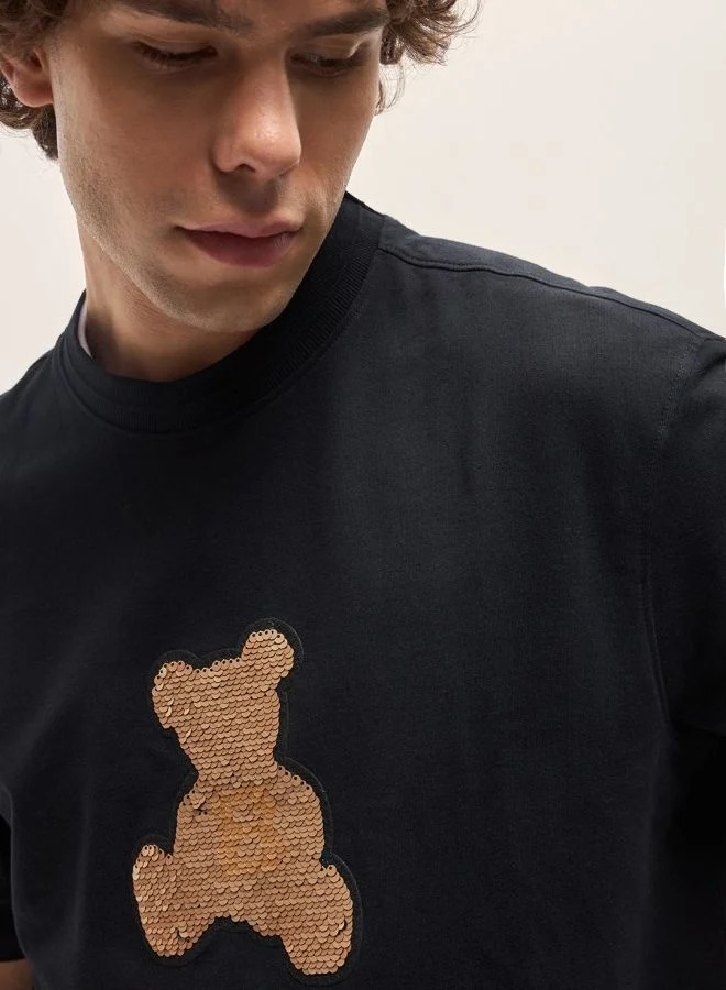 THE BEAR HOUSE Men's Black Oversize playful sequin teddy Crew Neck T-shirt Perfect For Casual Wear, Gym, Travel, Or Layering Stylish And Versatile Essential For Every Wardrobe